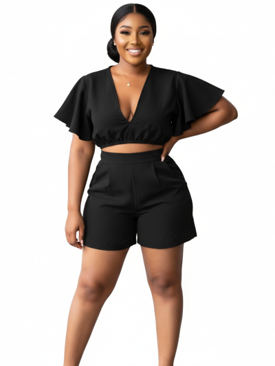 European and American clothing Amazon AliExpress hot sale ruffled short V-neck top casual shorts multi-color two-piece set