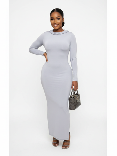 2023 new spring and summer European and American style cross-border women's solid color long tight hooded pullover dress wholesale for women