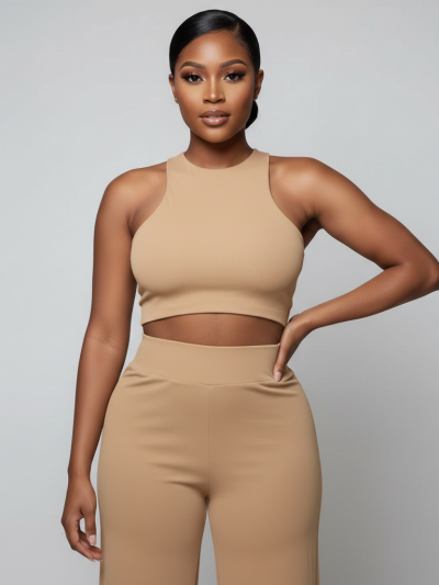 SHEIN Slayr Khaki Crop Top & Long Pants Casual Two Piece Set
