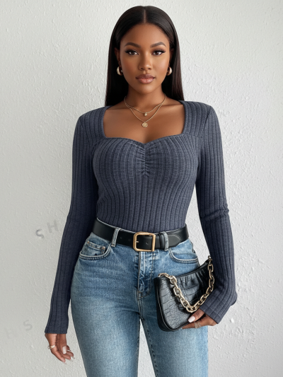 Frenchy Sweetheart Neck Ruched Tee